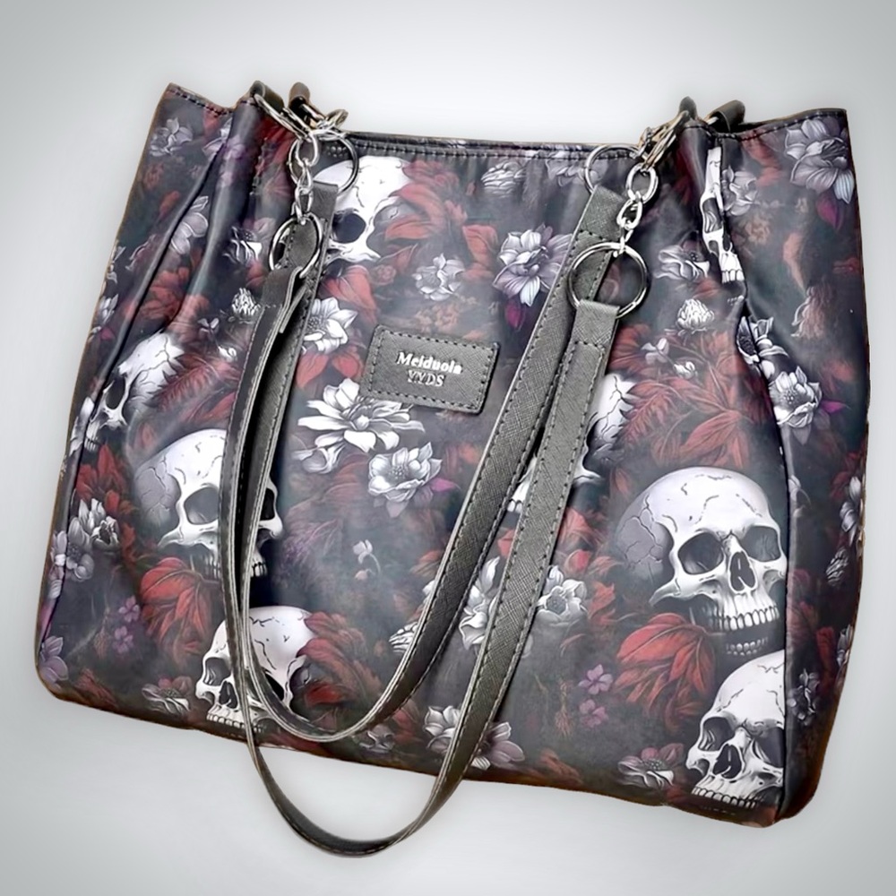 Gothic Edgy Black Skull & Red Floral Tote with Dual Straps